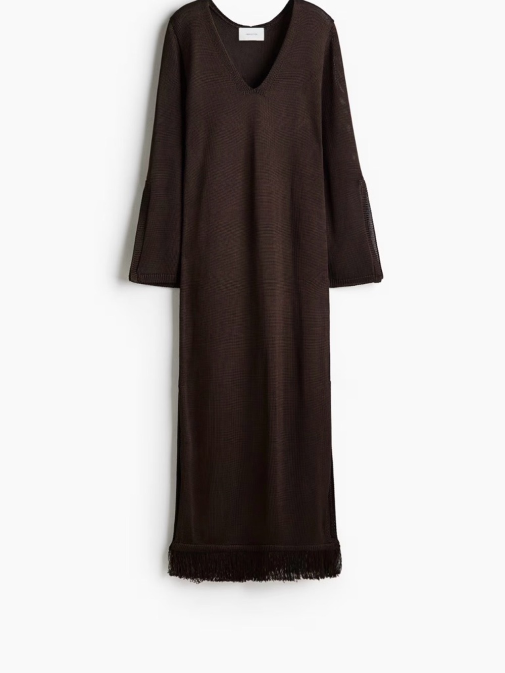 H&M Brown Maxi Dress with V-Neck and Fringe Hem Kaftan